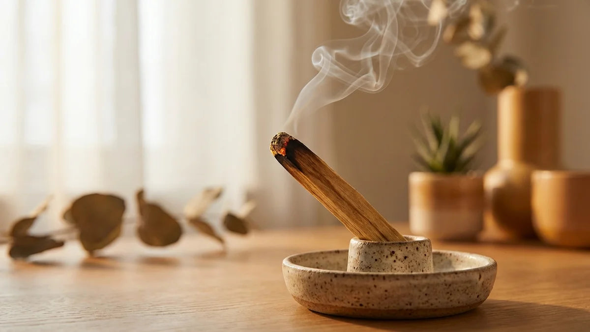 Bâton de palo santo allumé dans un support céramique avec braise rougeante pour une combustion optimale