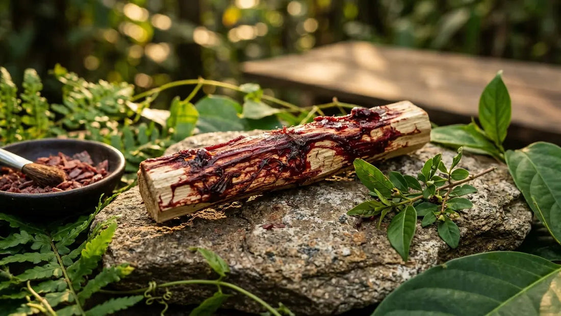 Palo Santo sang de dragon avec résine cramoisie sur bois pâle, sur pierre naturelle avec éléments botaniques amazoniens