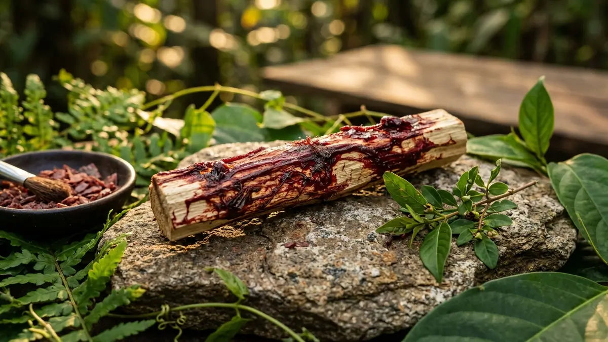 Palo Santo sang de dragon avec résine cramoisie sur bois pâle, sur pierre naturelle avec éléments botaniques amazoniens