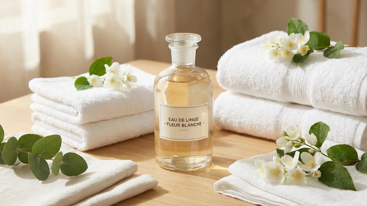 Flacon de parfum de lessive concentré entouré de linges blancs frais et d'éléments floraux