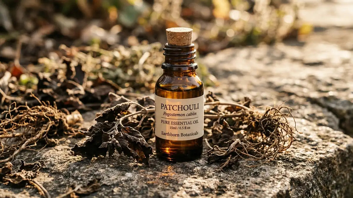Flacon d'huile essentielle de patchouli ambré avec feuilles séchées sur pierre naturelle, lumière dorée