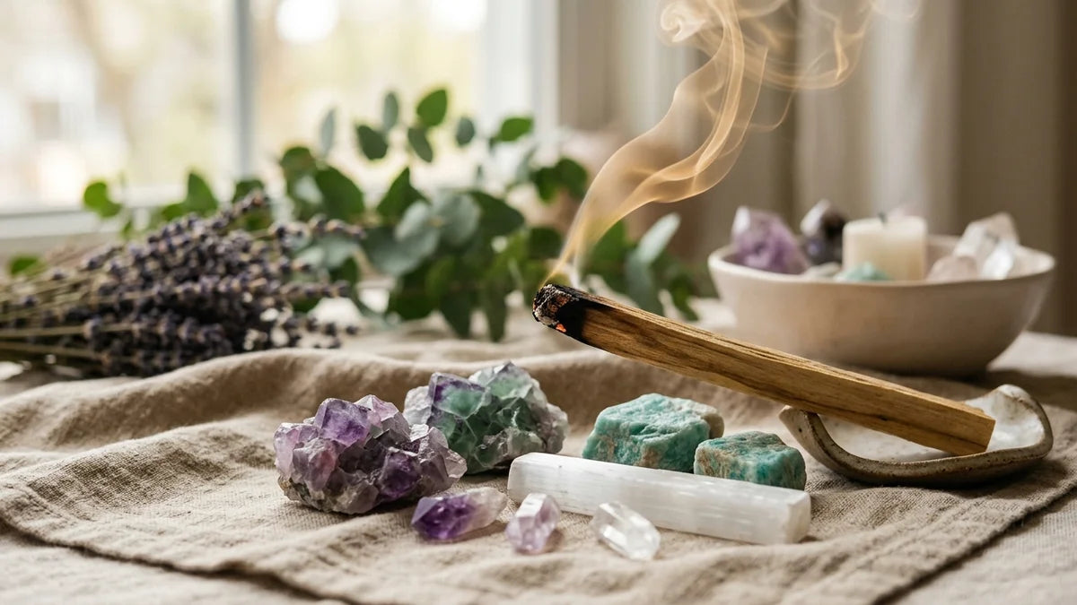 Purification pierres au Palo Santo : fluorite, amazonite, selenite avec fumée rituelles bien-être