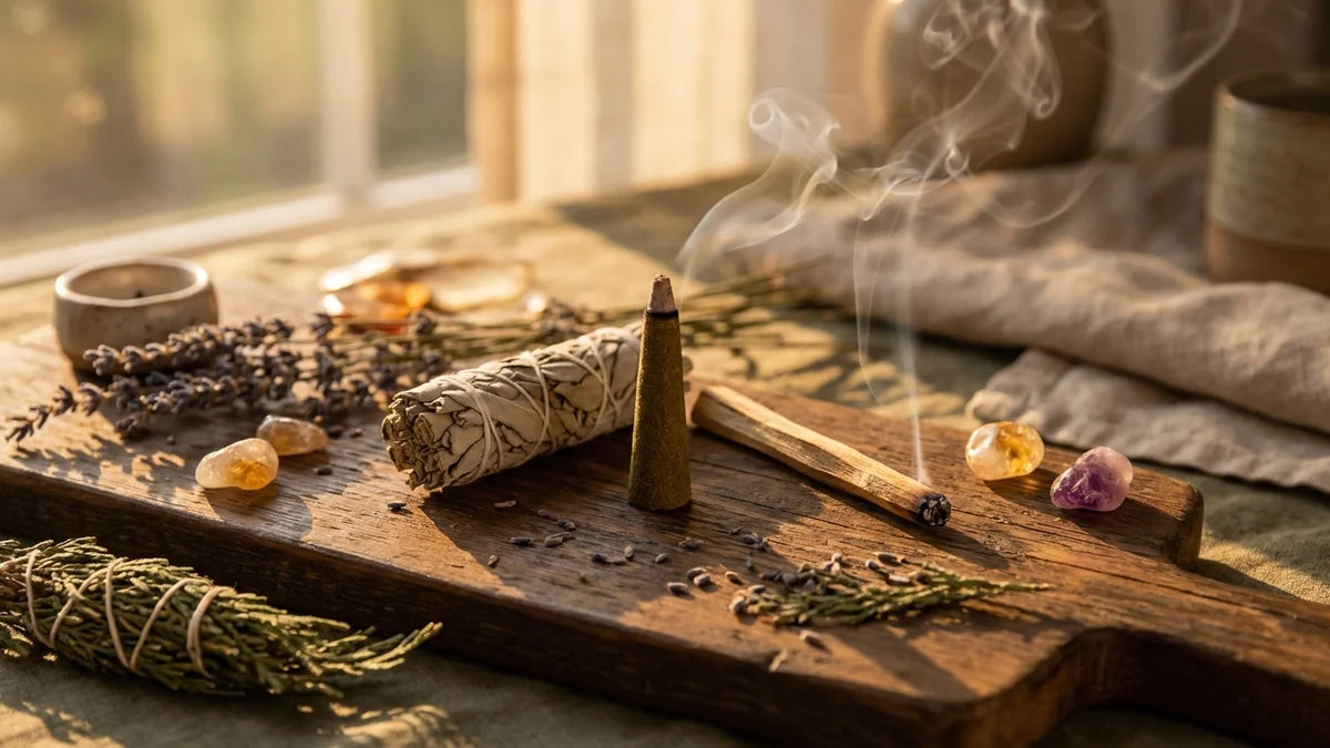 Trois bâtons d'encens allumés : sauge, patchouli, bois de santal pour purification, relaxation et méditation