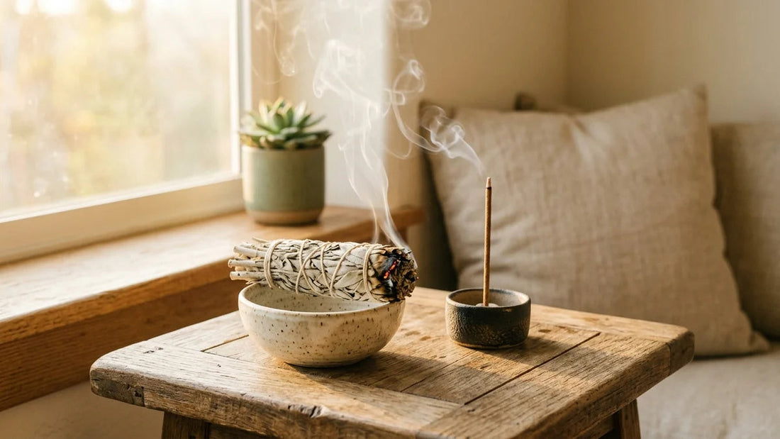 Encens et sauge blanche pour purifier sa maison avec fumée apaisante sur surface en bois