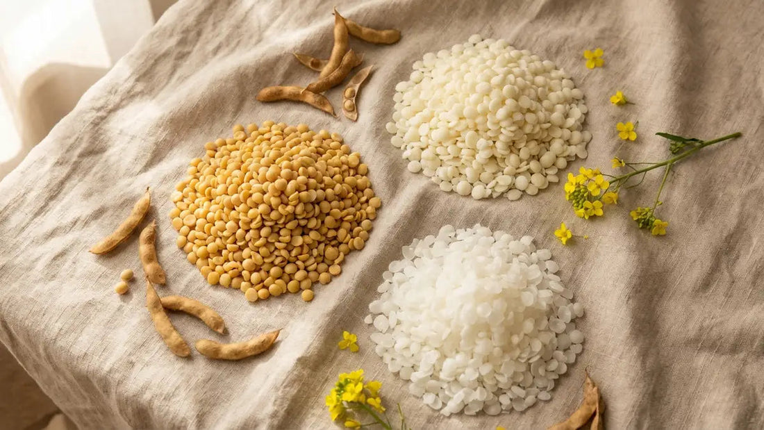 Trois types de cire naturelle pour fondants : soja, colza et végétale en granulés