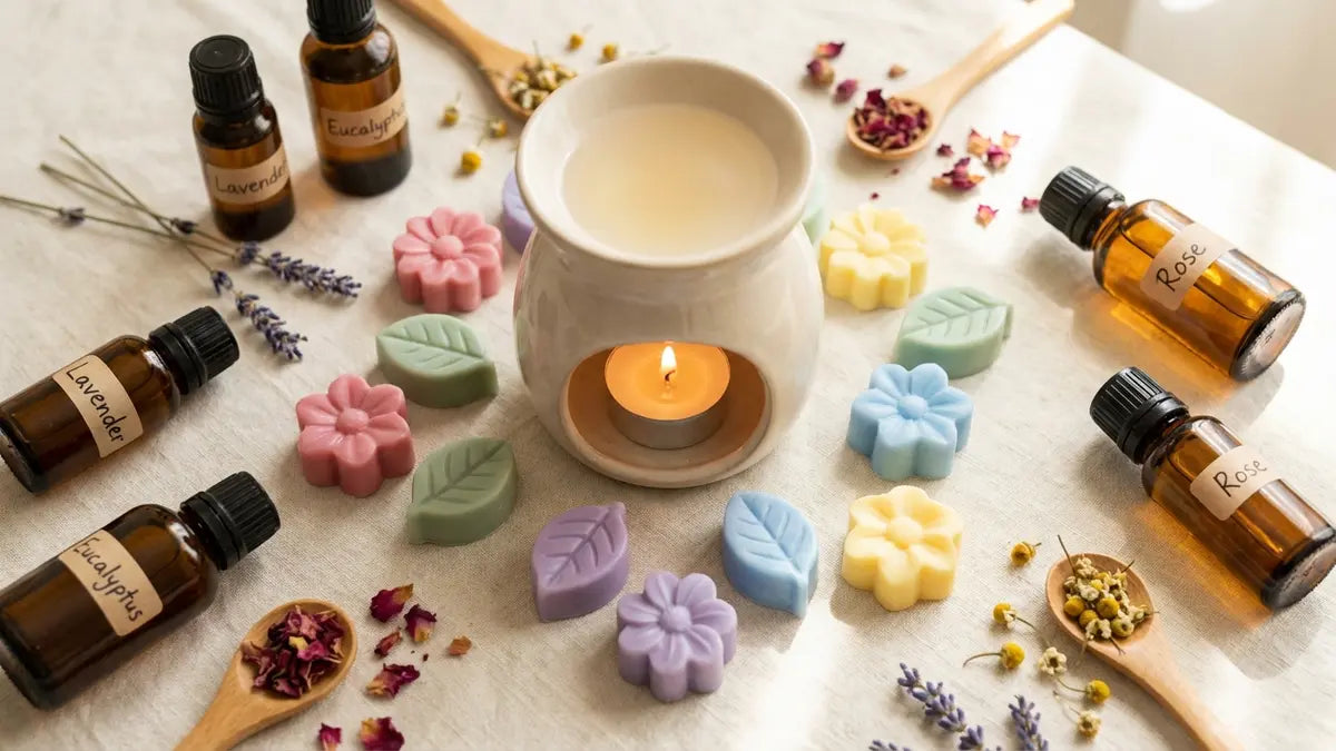 Fondants parfumés maison artisanaux colorés autour d'un brûle-parfum céramique avec huiles essentielles