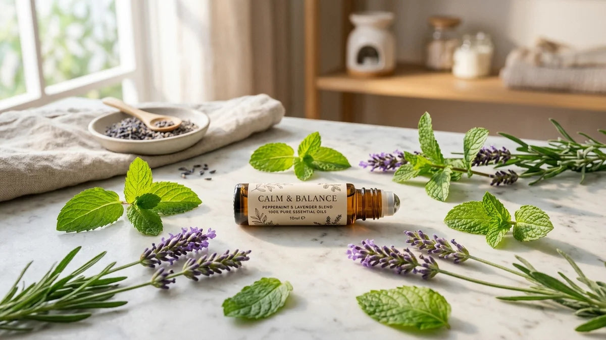Roll-on huiles essentielles entouré de menthe poivrée et lavande pour soulager maux de tête