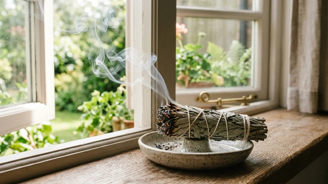 Faisceau de sauge blanche fumant avec fumée légère, illustrant les risques et précautions de sécurité