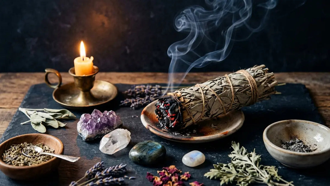 Rituel de sauge avec faisceau brûlant, fumée mystique et pierres naturelles pour purification spirituelle