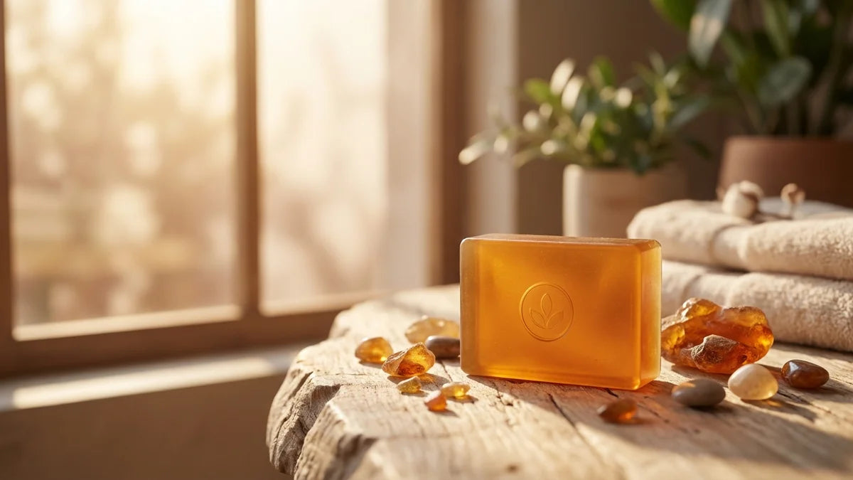 Savon à l'ambre luxueux entouré de résine naturelle et lumière dorée, rituels spa sensoriel