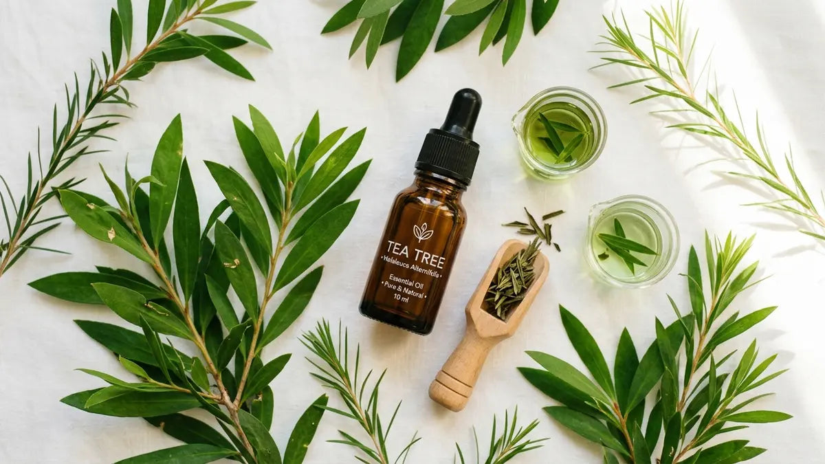 Huile essentielle tea tree avec feuilles de mélaleuca fraîches pour 12 utilisations quotidiennes