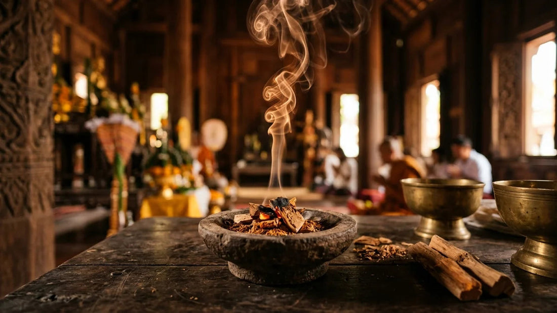 Fumée de bois de santal s'élevant de copeaux brûlants, lumière dorée chaude, vertus thérapeutiques et rituels anciens