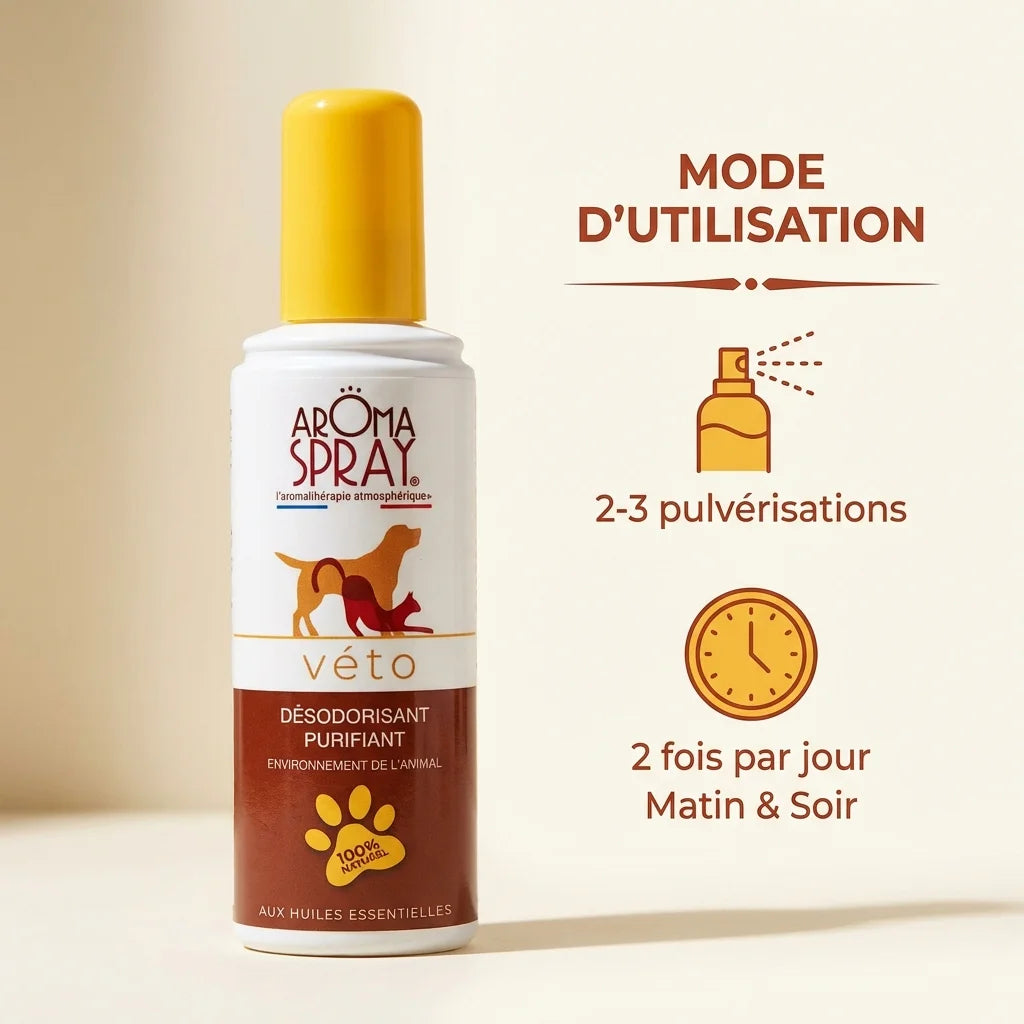 Aromaspray Véto spray anti-odeur 100ml avec mode d'utilisation 2-3 pulvérisations matin et soir