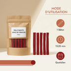 Bâtonnets Palo Santo Résine Dragon pack 5 bâtons Pérou avec mode d'utilisation infographie