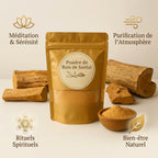 Poudre de Bois de Santal en sachet doré avec bol, bénéfices méditation et purification illustrés