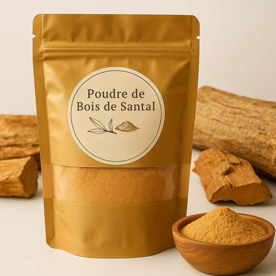 Un sachet de Bois de Santal en poudre avec une coupelle en bois rempli à côté et du bois de santal en arrière plan