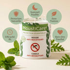 Bougie anti-moustique naturelle Mousticare 160g avec icônes de protection, sommeil paisible et efficacité 8h