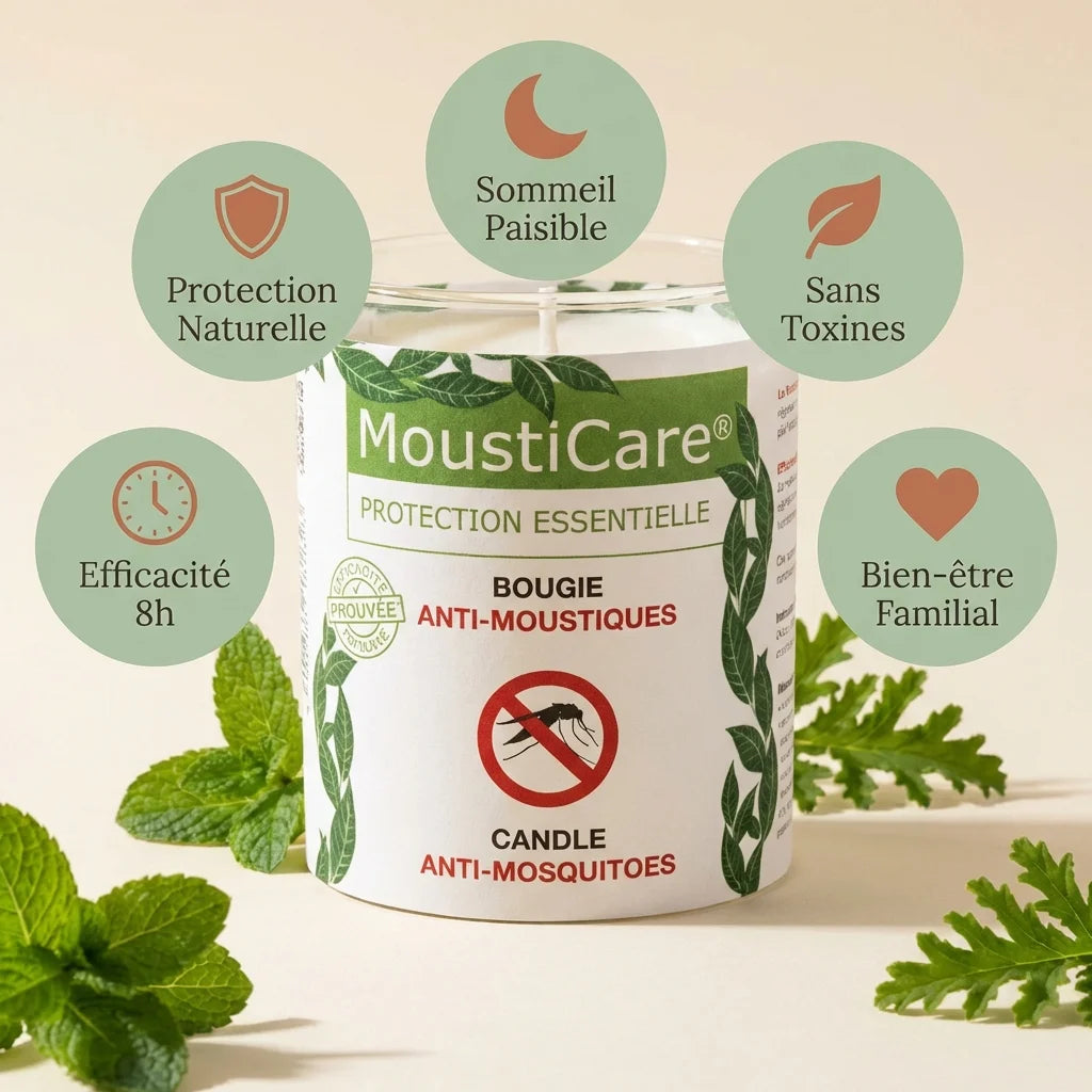 Bougie anti-moustique naturelle Mousticare 160g avec icônes de protection, sommeil paisible et efficacité 8h