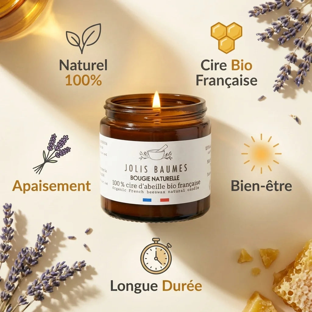 Bougie cire d'abeille bio 100% naturelle Jolis Baumes 80g en pot verre avec bénéfices