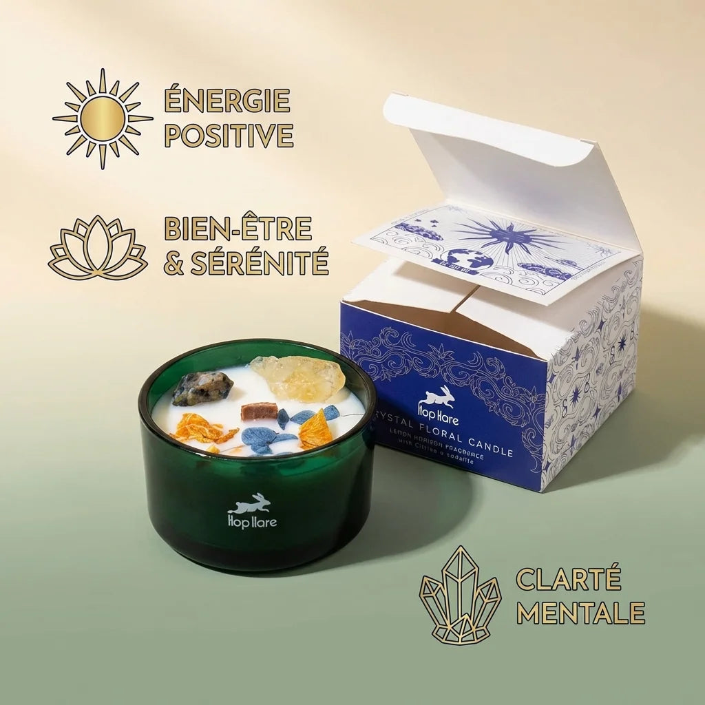 Bougie soja Hop Hare fleurs séchées agrumes citrine sodalite bien-être énergie positive clarté mentale