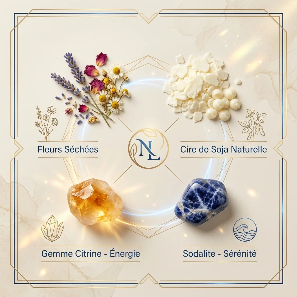 Bougie soja fleurs séchées agrumes citrine sodalite ingrédients naturels Hop Hare