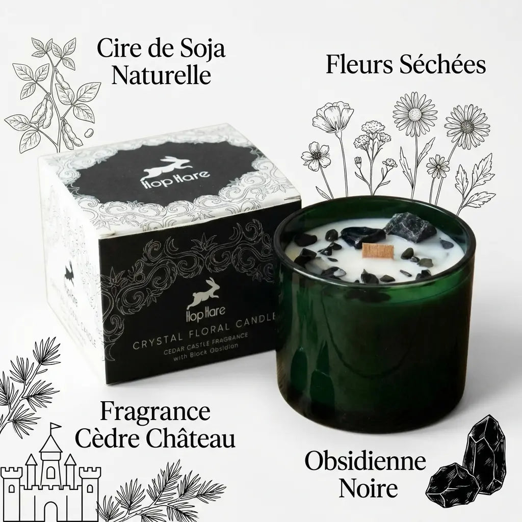 Bougie cire de soja Obsidienne Hop Hare avec fleurs séchées en verre vert foncé