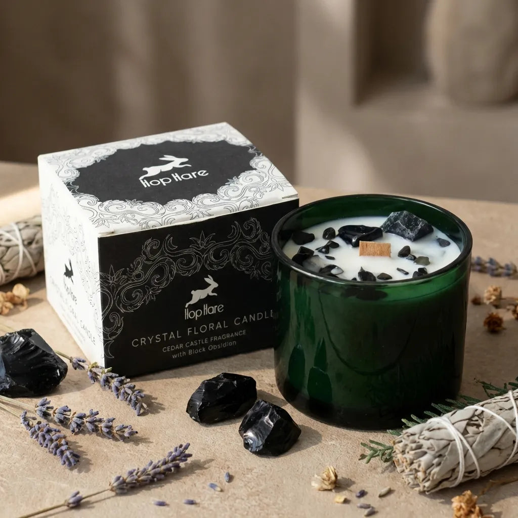 Bougie cire de soja Gemme obsidienne Hop Hare avec fleurs séchées et cristaux