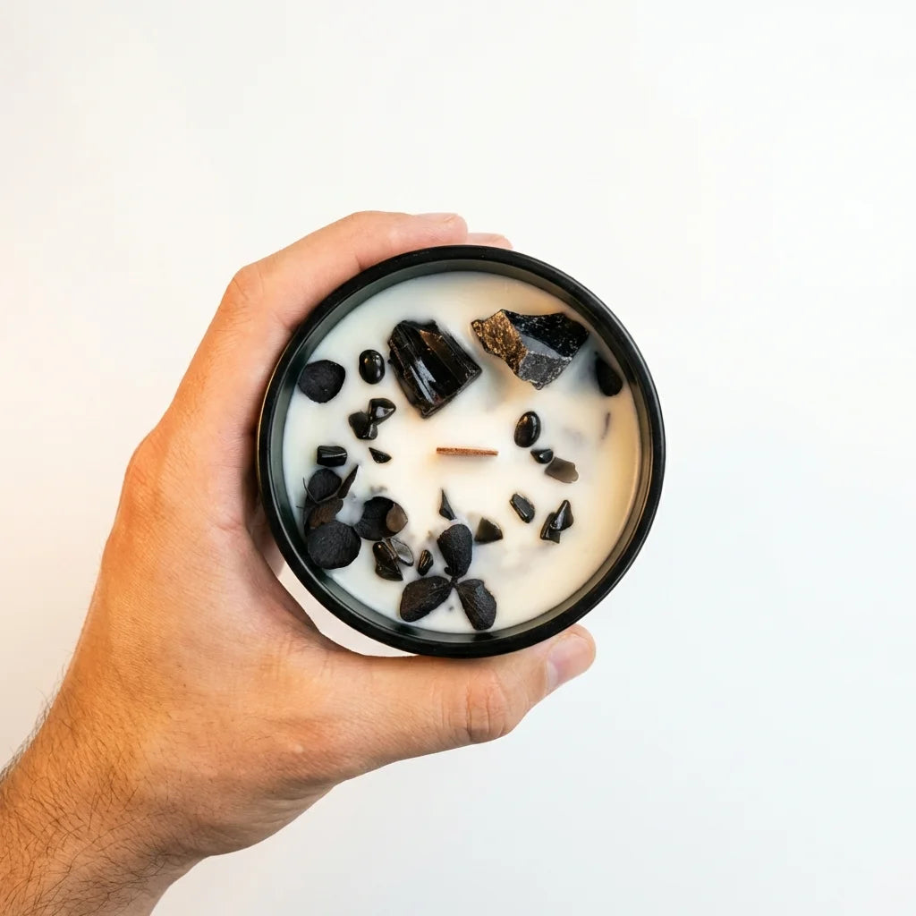 Bougie cire de soja Hop Hare Gemme obsidienne avec fleurs séchées dans récipient noir