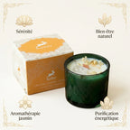 Bougie cire de soja jasmin avec fleurs séchées, quartz et bénéfices bien-être naturel