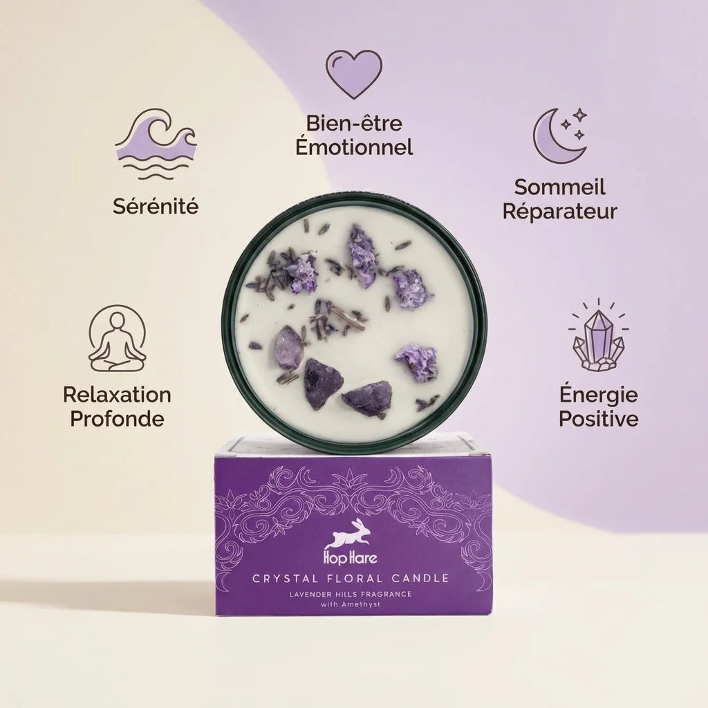 Bougie cire de soja lavande avec fleurs séchées et cristaux d'améthyste Hop Hare
