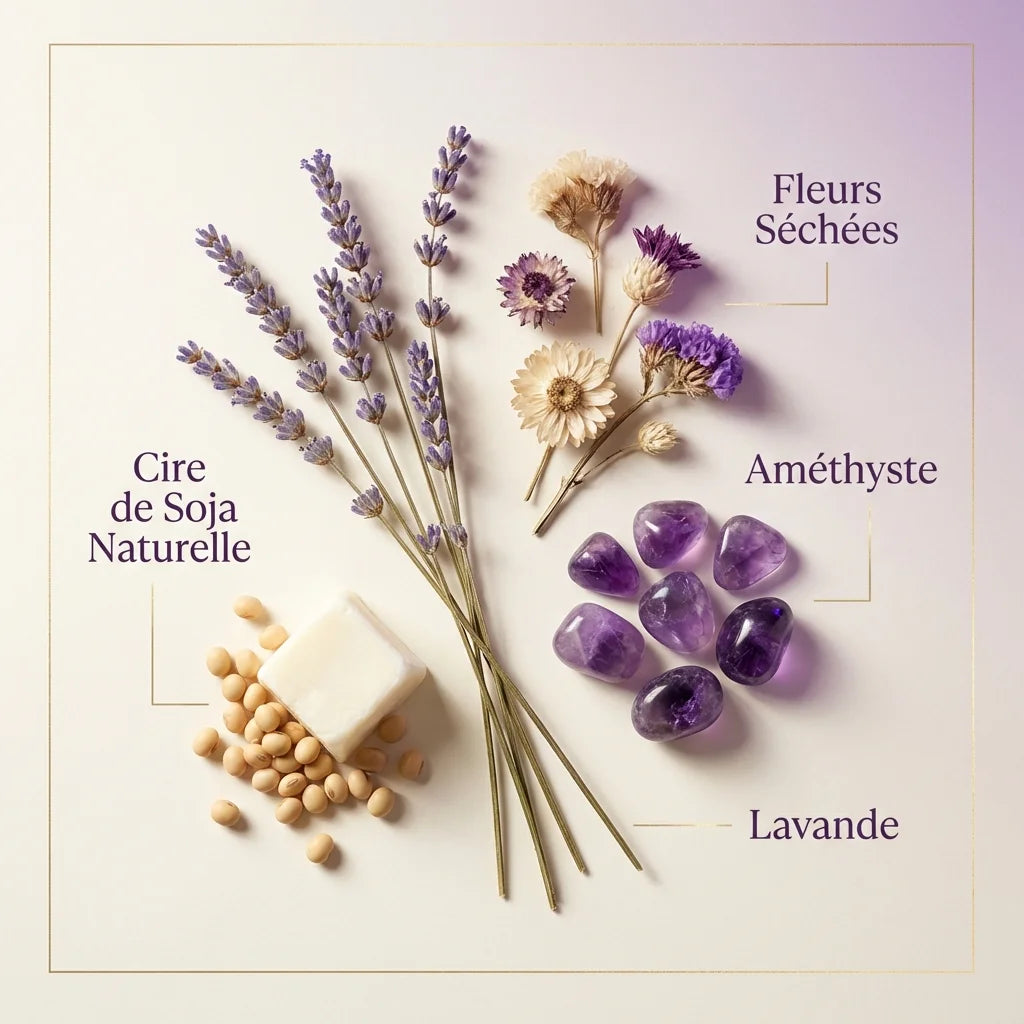 Bougie cire de soja avec lavande et améthyste - ingrédients naturels et fleurs séchées