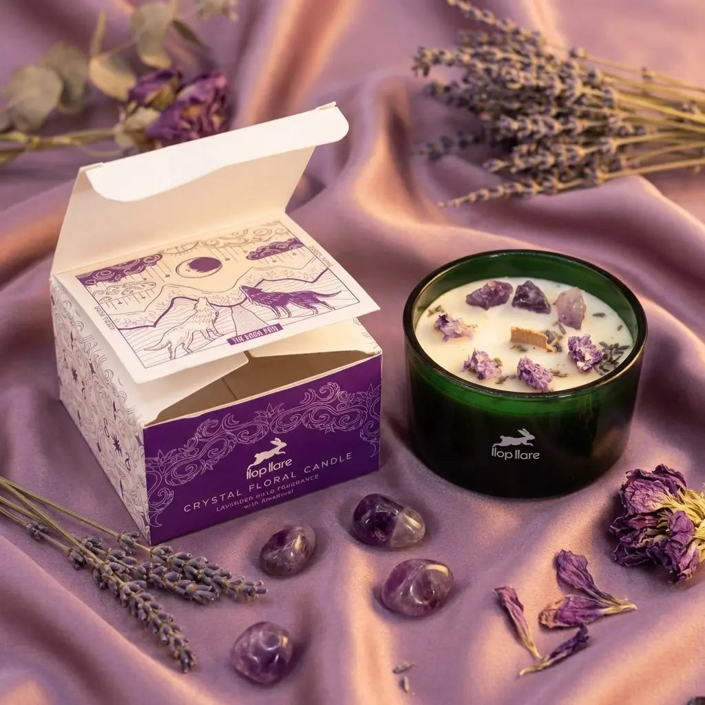 Bougie cire de soja lavande avec fleurs séchées et améthyste Hop Hare