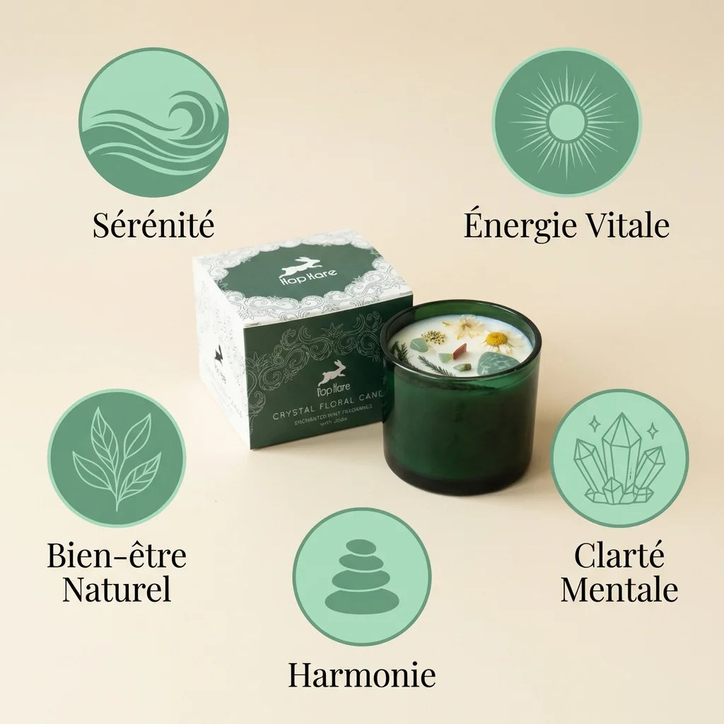 Bougie cire de soja menthe citron jade Hope Hare avec fleurs séchées et bénéfices bien-être