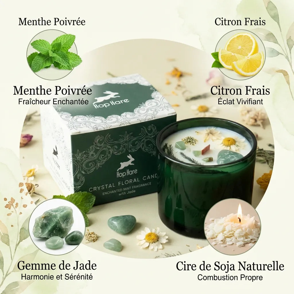 Bougie cire de soja menthe citron avec fleurs séchées et gemme de jade Hope Hare