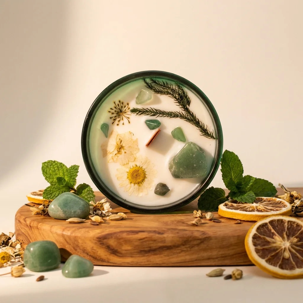 Bougie cire de soja Hope Hare menthe citron avec fleurs séchées et pierre jade