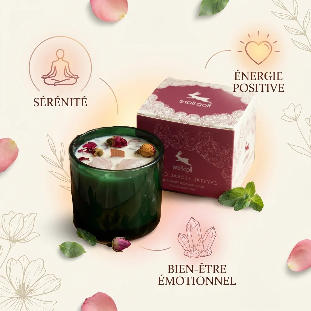 Bougie cire de soja rose et quartz rose Hope Hare avec fleurs séchées et bienfaits bien-être