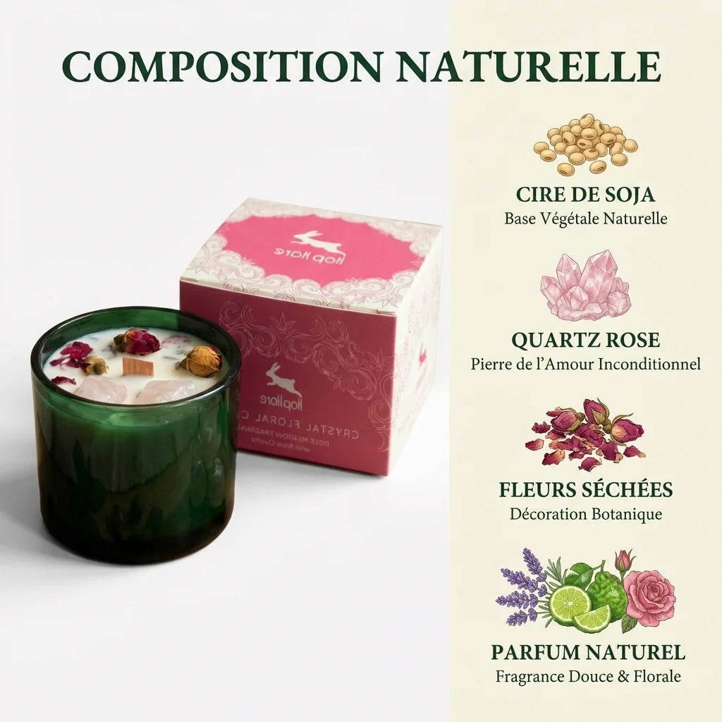 Bougie cire de soja rose et quartz rose avec fleurs séchées Hope Hare