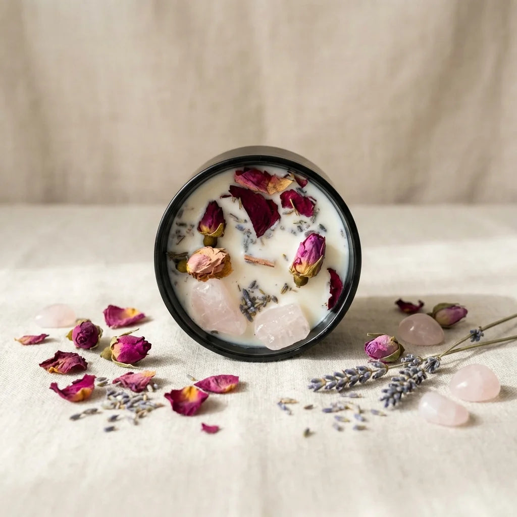 Bougie cire de soja avec fleurs séchées et quartz rose Hope Hare sur fond beige minimaliste