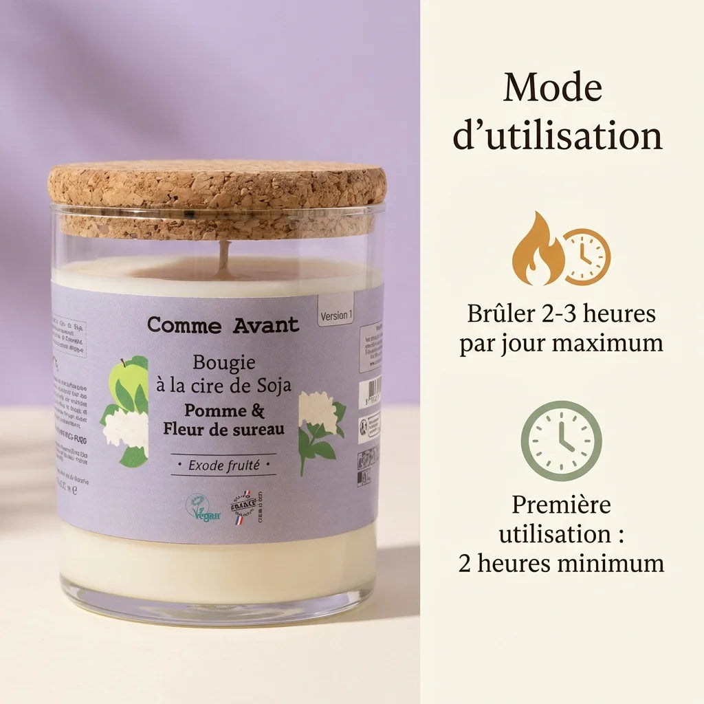 Bougie cire de soja Pomme & Sureau 190g Comme Avant avec couvercle liège et guide d'utilisation