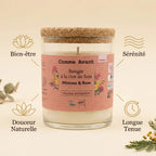 Bougie Cire Soja Mimosa Rose 190g Comme Avant avec icônes bien-être et sérénité sur fond beige