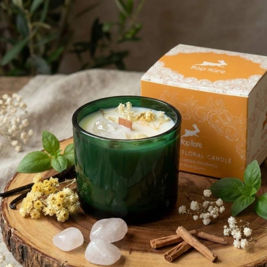 Une bougie fleur séchée jasmin de la marque Hope hare, posée sur un rondin de bois