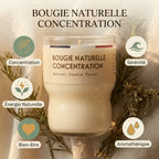 Bougie Naturelle Concentration Jolis Baumes avec icônes bénéfices aromathérapie et bien-être