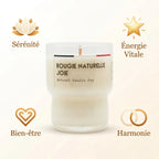 Bougie Naturelle Joie avec mèche bois et bénéfices : sérénité, énergie, bien-être, harmonie