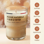 Bougie naturelle Cœur d'Hiver Jolis Baume avec infographie des bénéfits : sérénité, bien-être, relaxation