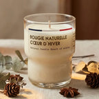 Bougie naturelle Cœur d'Hiver Jolis Baume en verre sur lin avec éléments hivernaux