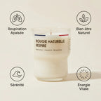 Bougie Naturelle Respire avec icônes bénéfices: respiration apaisée, bien-être, sérénité et énergie