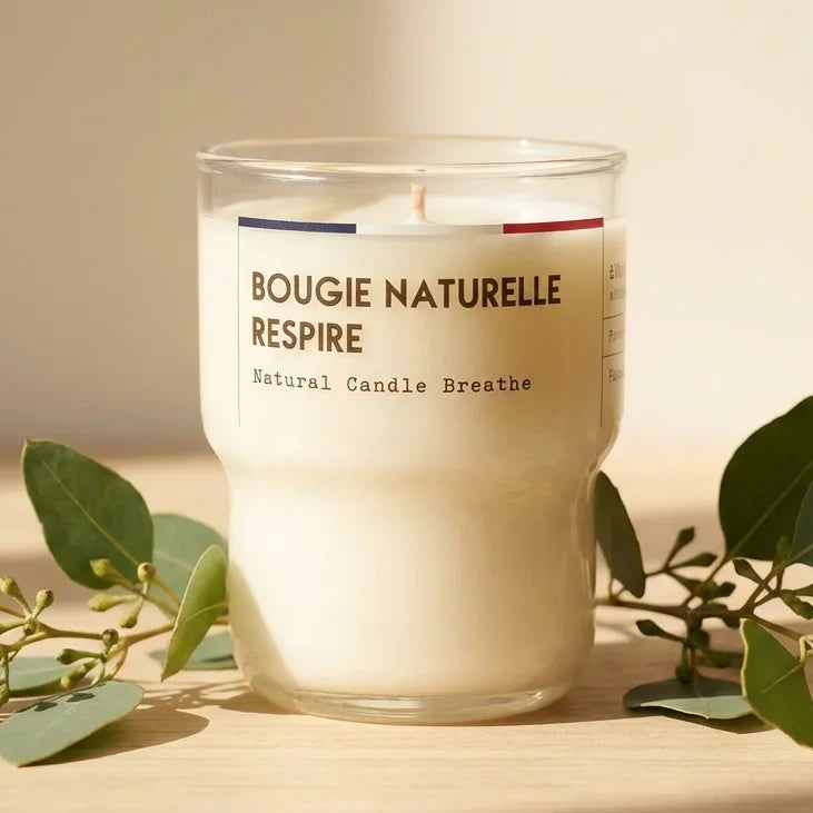 Bougie naturelle Respire Jolis Baume crème avec étiquette rayée sur bois et eucalyptus