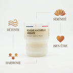 Bougie Naturelle Sérénité Jolis Baume avec icônes bien-être, sérénité et détente sur fond blanc