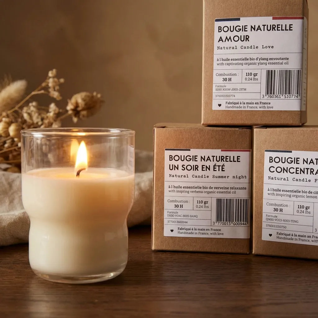Bougie naturelle allumée Sérénité Jolis Baume en verre avec boîtes kraft sur surface bois