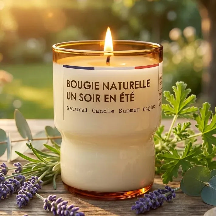 Bougie répulsive moustique bio 110g dans pot en verre sur table rustique en jardin